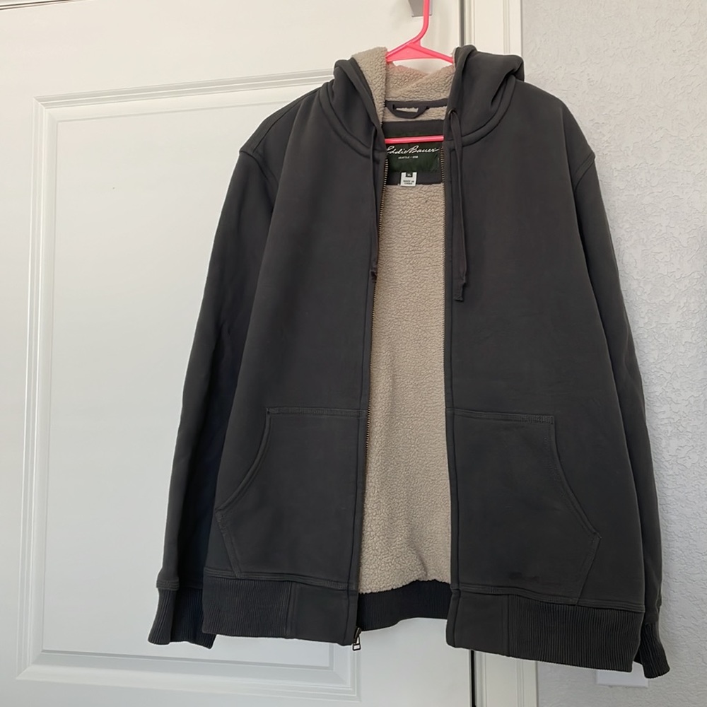Eddie Bauer men’s XL zip up hoodie Sherpa lined grey and cream